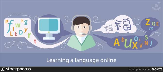 Flat image of teaching foreign languages on the internet online assistant on your computer. Image of Teaching Foreign Languages