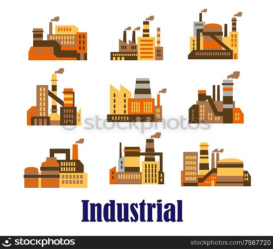 Flat industrial icons of plants, installations and factories with smoking chimney stacks in shades of brown, vector illustration on white