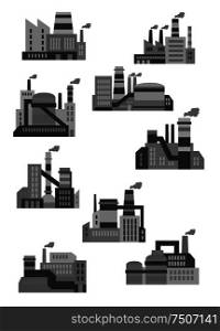 Flat industrial plants and factories icons design with buildings, machinery and smoking chimneys. Flat plants and factories icons