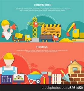 Flat Industry Horizontal Banners. Flat industry horizontal banners with construction elements tools and building completion vector illustration
