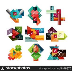 Flat infographic design concept set. Geometrical shaped blank templates with sample text. Can be used as infographic template, business card design, abstract geometric symbols, multipurpose web elements, mobile