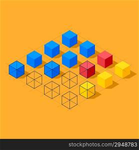 Flat infographics with cubes and wired structures. Diamond shaped plane