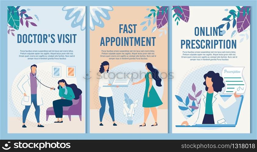 Flat Informational Vertical Medical Banner Set Advertising Clinic Services for Sick People. Online Medication Treatment Prescription, Doctor Home Visit Call Fast Appointment Order. Vector Illustration. Flat Informational Vertical Medical Banner Set