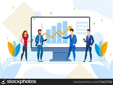 Flat Inscription Social Media Vector Illustration. Study Impact Social Networks on Growth Business Processes Enterprise. Group Men and Women Discuss Growth Rates on Chart, Cartoon.