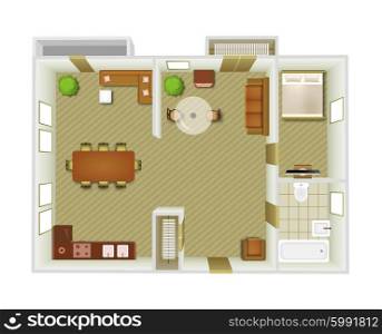 Flat interior top view with living room and kitchen furniture vector illustration. Interior Top View