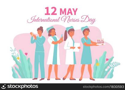 Flat international nurses day card with women in medical attire at work vector illustration. International Nurses Day Card