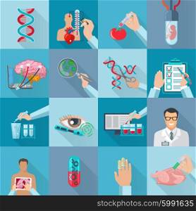 Flat Isolated Biotechnology Icons Set. Flat color isolated biotechnology icons set with dna molecule genetically modified products and human embryo in vitro vector illustration