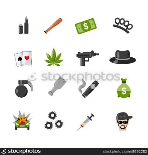Flat Isolated Gangster Icons. Flat color isolated gangster icons with elements of criminal lifestyle gambling cash and gun isolated vector illustration