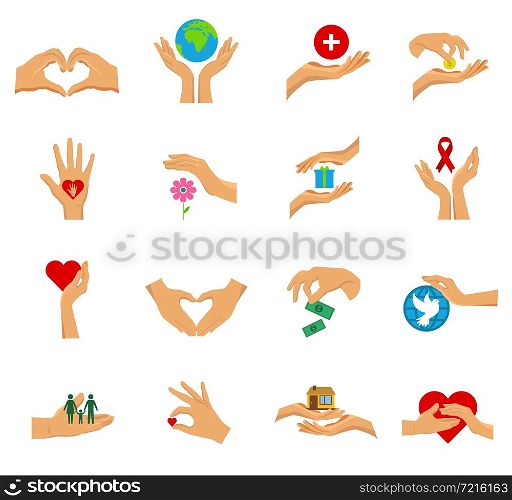 Flat isolated icon set with hands in different gestures symbols of charity care help and love vector illustration. Charity Hands Flat Icon Isolated Set