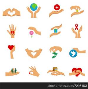 Flat isolated icon set with hands in different gestures symbols of charity care help and love vector illustration. Charity Hands Flat Icon Isolated Set