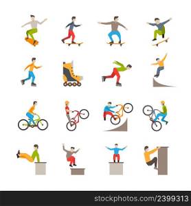 Flat isolated urban sport icons with people action in skateboarding rollerblading cycling parkour vector illustration. Vector Urban Sport Icons With People