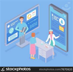 Flat isometric illustration of smartphone and display of computer. Online consultation with doctor, physician. Lab assistant show results of medical test, hold flask. Income message at screen of phone. Online consultation with doctor, lab ssistant show results of analysis, medical app, income message