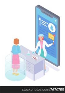Flat isometric illustration of smartphone with medical app. Online consultation with doctor, physician. Lab assistant show results of medical test, hold flask. Income message at screen of phone. Woman patient ask results of test in lab assistant, hold flask, isometric mobile with medical app