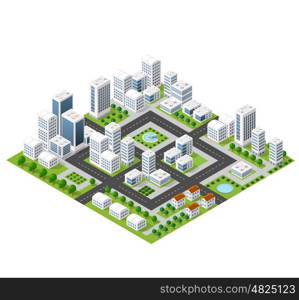 Flat isometric map, landscape city, building skyscraper, picture of the nature, parks, cafe, landmarks. Vector 3d top view block dormitory area