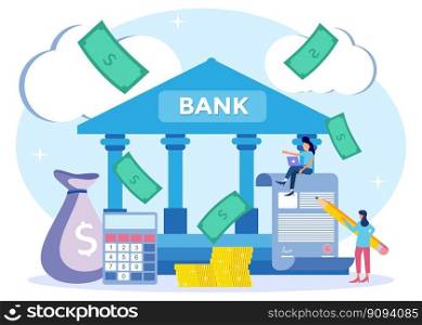 Flat Isometric Vector Illustration. Coins, Banknotes, Financial Documents are in the building of the Bank. Public Financial Audit Concept.