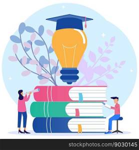 Flat isometric vector illustration isolated on white background. The concept of education, the character of people around a pile of books. Can be used for web banners, infographics, hero images.