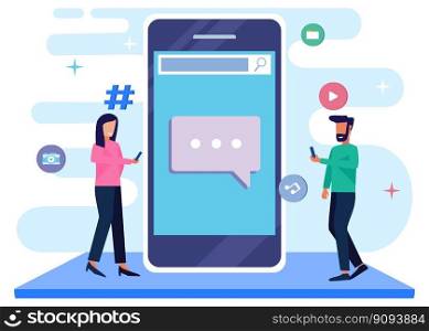Flat isometric vector illustration isolated on white background. The concept of social media with the characters of people arranging various icons on the cellphone screen.