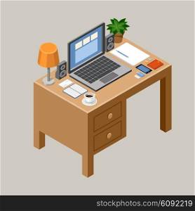 Flat isometric vector workspace. Desk. Office. laptop, smartphone, lamp, coffee