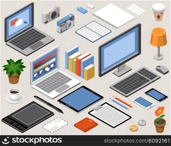 Flat isometric vector workspace. laptop, tablet, books, camera, office, graphic tablet, lamp, coffee
