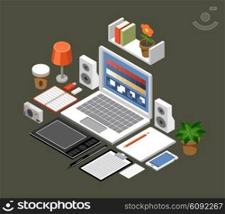 Flat isometric vector workspace. Office. laptop, tablet, books, camera, office, graphic tablet, lamp, coffee