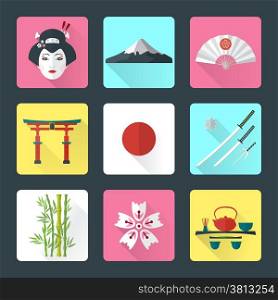 flat japan icons set. vector color flat style japanese national theme icons with shadow set