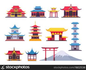 Flat japanese buildings, ancient pagoda and cultural landmark. Asian mountain fuji. Chinese towers, temples and traditional house vector. Temple japanese building, asian ancient pagoda illustration. Flat japanese buildings, ancient pagoda and cultural landmark. Asian mountain fuji. Chinese towers, temples and traditional house vector set