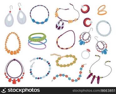 Flat jewelry collection. Vintage beads, necklace and chain. Fashion earrings and bracelets, flat jewelries and accessories with pendant decent vector set of jewelry necklace collection illustration. Flat jewelry collection. Vintage beads, necklace and chain. Fashion earrings and bracelets, flat jewelries and accessories with pendant decent vector set