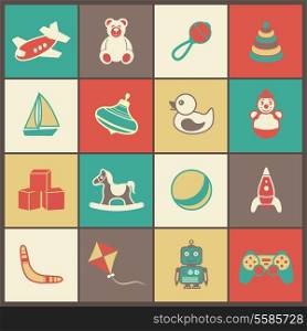 Flat kid children toys icons set of yacht spinner rubber duck clown isolated vector illustration
