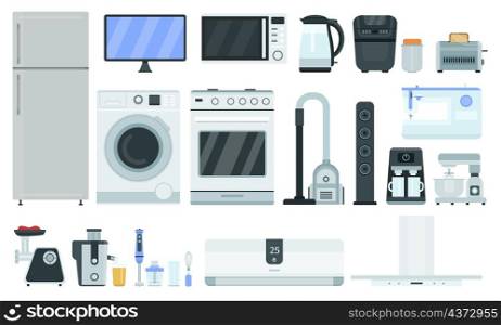 Flat kitchen electrics and appliances, home technology items. Refrigerator freezer, tv, oven, microwave, conditioner and washer vector set. Illustration of kitchen household items. Flat kitchen electrics and appliances, home technology items. Refrigerator freezer, tv, oven, microwave, conditioner and washer vector set