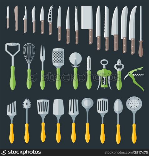 flat kitchenware cutlery tools set. flat color various kitchenware cutlery equipment set
