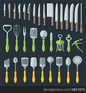 flat kitchenware cutlery tools set. flat color various kitchenware cutlery equipment set