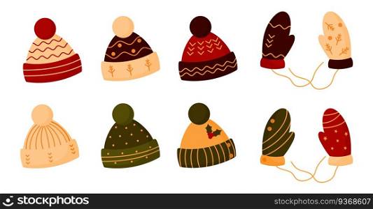 Flat knitted hats, mittens set. Cozy winter headwear with pompom. Seasonal xmas knitted warm clothes. Flat knitted hat mitten headwear xmas vector set