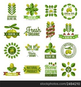 Flat label set of natural olive oil advertising with olive tree branches and olives isolated vector illustration . Organic Natural Olive Oil Label Set