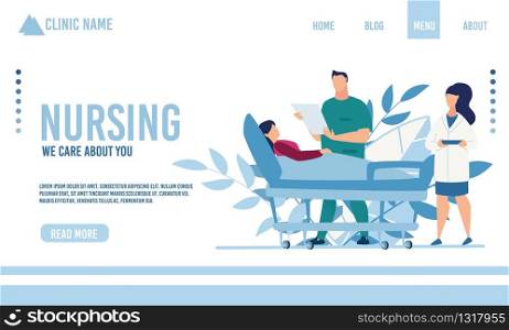 Flat Landing Page Advertising Nursing and Physical Therapy Medical Service. Doctor and Nurse Treating Seriously Ill Woman Lying on Hospital Bed. Healthcare and Telemedicine. Vector Illustration. Flat Landing Page Advertising Nursing Service
