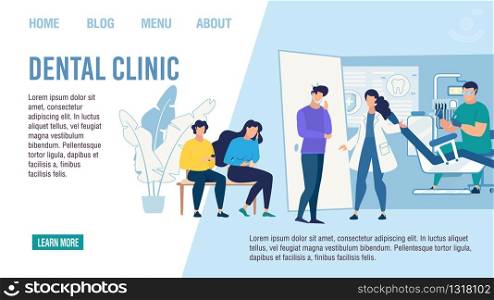 Flat Landing Page Advertising Visit to Dental Clinic. Woman Assistant Welcoming Patient with Toothache to Doctor Cabinet. Dentistry Tooth Care. Treatment and Prosthetics. Vector Cartoon Illustration. Landing Page Advertising Visit to Dental Clinic