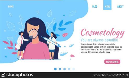 Flat Landing Page for Cosmetology Beauty Salon. Facial Skincare and Epidermidis Treatment. Woman Patient with Acne and Doctor Cosmetologist with Loupe and Syringe. Vector Cartoon Illustration. Flat Landing Page for Cosmetology Beauty Salon