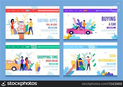 Flat Landing Page for Online Services Making Life Easy. Dating Apps, Buying Car and Different Goods via Internet, Withdrawing Cash, Electronic Payments and Transfer Applications. Vector Illustration. Landing Page for Online Services Making Life Easy