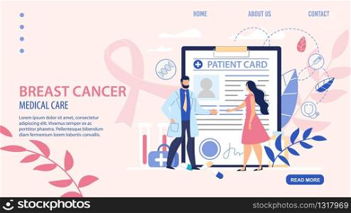 Flat Landing Page for Ontological Online Service. Breast Cancer Awareness, Early Detection and Healthcare. Woman at Doctor Appointment. Huge Patient Card. Medical Care. Vector Cartoon Illustration. Flat Landing Page for Ontological Online Service