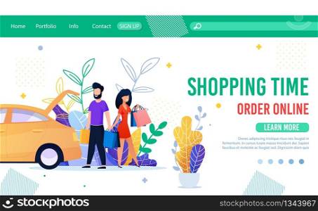 Flat Landing Page for Service Offering Buy via Internet. Shopping Time. Goods Order Online. Cartoon Happy Smiling Couple Standing near Car with Paper Handbags after Shop Design. Vector Illustration. Landing Page for Service Offering Buy via Internet