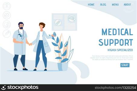 Flat Landing Page Highly Advertising Specialized Medical Support. Cartoon Nurse and Practitioner, Two Male and Female Doctors Clinic Staff Character. Online Medicine and Insurance. Vector Illustration. Highly Specialized Medical Support Landing Page