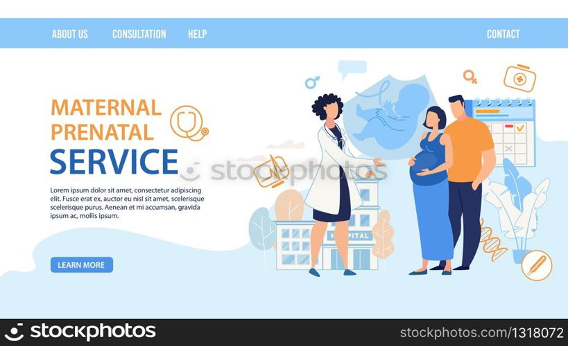 Flat Landing Page Layout Design. Maternal Prenatal Service. Cartoon Female Doctor Consulting Pregnant Woman Wife with Man Husband. Young Family Waiting Childbirth on Consultation. Vector Illustration. Flat Landing Page for Maternal Prenatal Service
