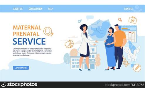 Flat Landing Page Layout Design. Maternal Prenatal Service. Cartoon Female Doctor Consulting Pregnant Woman Wife with Man Husband. Young Family Waiting Childbirth on Consultation. Vector Illustration. Flat Landing Page for Maternal Prenatal Service