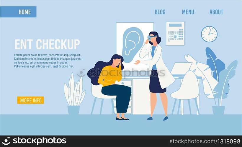 Flat Landing Page Medical ENT Checkup Service. Professional Otolaryngologist Making Patient Examination with Special Equipment. Woman Suffering from Ear Ache. Vector Cartoon Illustration. Flat Landing Page Medical ENT Checkup Service