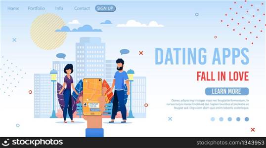 Flat Landing Page Offer Dating Apps for Mobile Phone. Tiny People on Date. Interface for Virtual Communication. Support in Finding Love. Speed, Blind Meeting Organization Service. Vector Illustration. Flat Landing Page Offering Dating Apps for Mobile