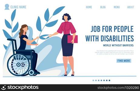 Flat Landing Page Offer Job for Disabled People. Woman with Disabilities Sitting in Wheelchair Taking Hiring Contract from Female Employer. Work Interview. Vector Cartoon Illustration. Foliage Design. Flat Landing Page Offer Job for Disabled People