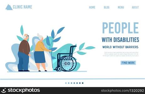 Flat Landing Page Offer Nursing, Healthcare Assistance or Home Sitting for Old People with Disabilities. Cartoon Senior Man and Woman with Walking Stick. Wheelchair. Plants Design. Vector Illustration. Flat Landing Page Offer Nursing or Home Sitting