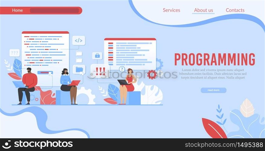 Flat Landing Page Offer Program, Programming Service, Programmers and Designers Help for Internet Business Development. Workers Coding Webpage, Creating Software Design. Vector Cartoon Illustration. Landing Page Offer Program for Internet Business