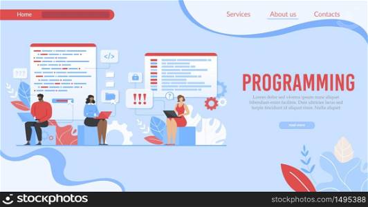 Flat Landing Page Offer Program, Programming Service, Programmers and Designers Help for Internet Business Development. Workers Coding Webpage, Creating Software Design. Vector Cartoon Illustration. Landing Page Offer Program for Internet Business