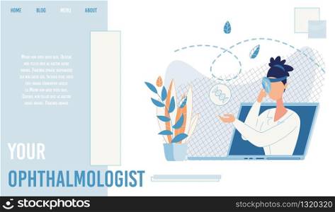Flat Landing Page Offer Select Ophthalmologist Online. Consultation, Health Maintaining via Internet. Service to Choose Personal Specialist. Presentation for Professional. Vector Cartoon Illustration. Landing Page Offer Select Ophthalmologist Online