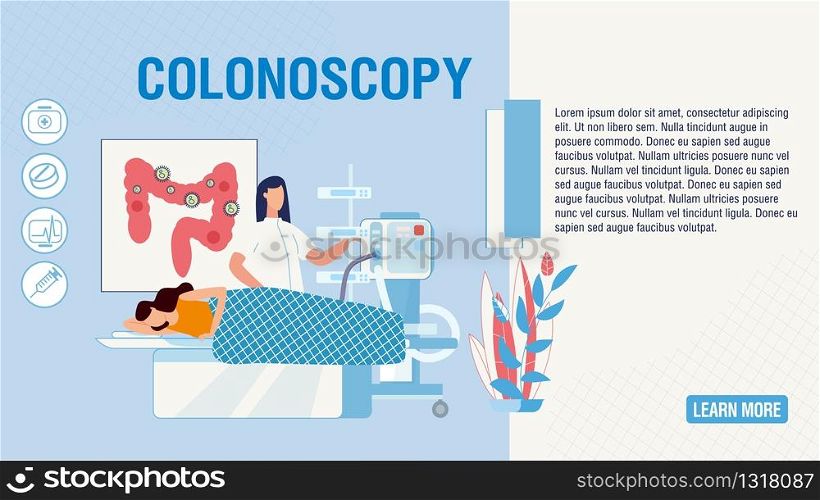 Flat Landing Page Offering Colonoscopy Procedure. Cartoon Patient and Doctor in clinic Laboratory. Rectum Diseases Screening, Prevention and Treatment at Hospital. Vector Intestine Health Illustration. Flat Landing Page Offering Colonoscopy Procedure